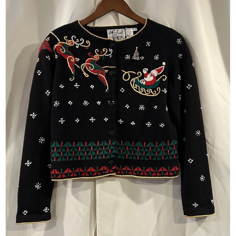 Vintage Michael Simon Santa Sleigh Holiday‎ Cardigan 90s Size Small